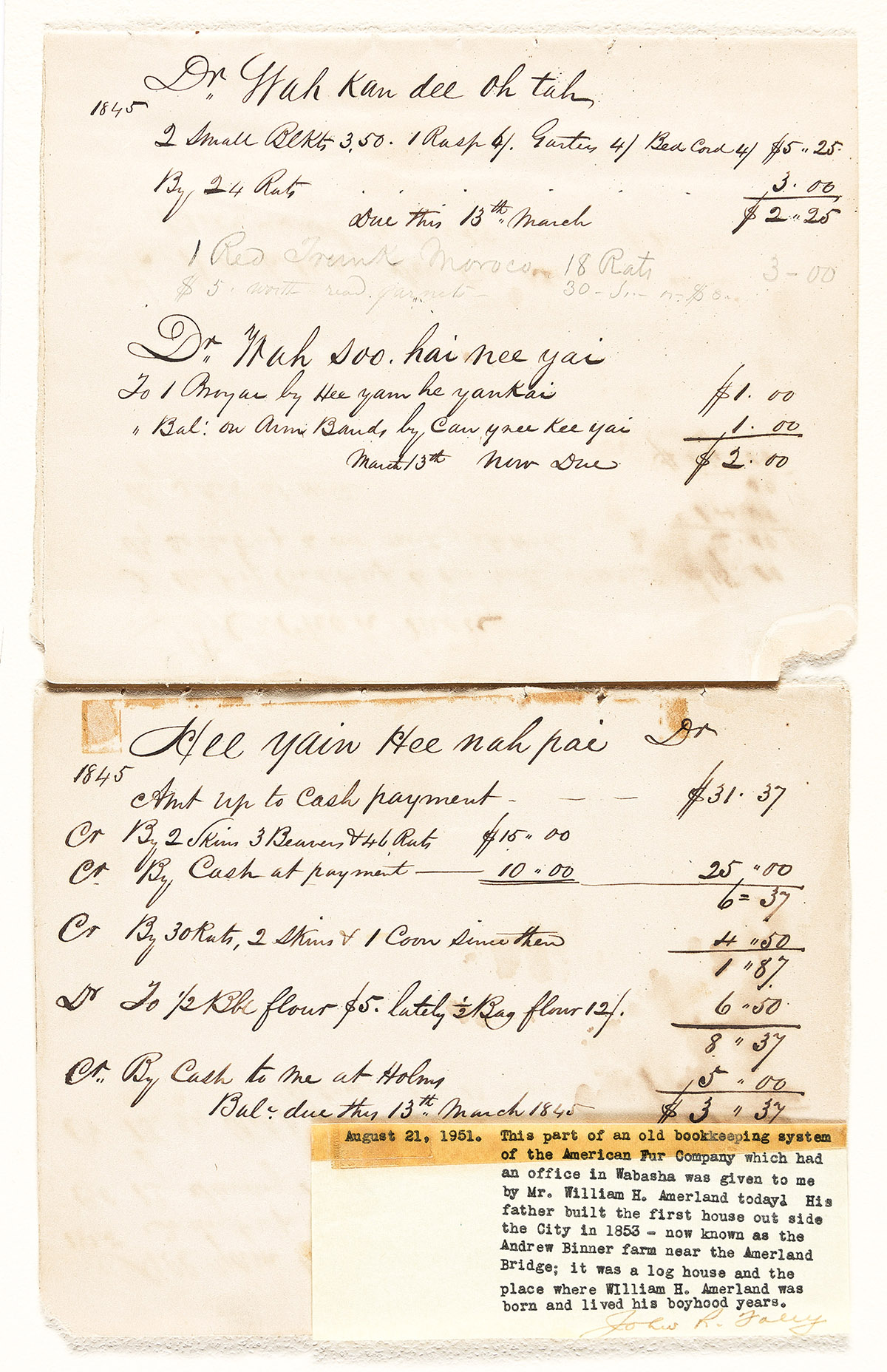 (AMERICAN INDIANS.) Partial fur trading ledger from the Upper Mississippi.